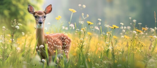 a young deer with white spots on its fur is standing amidst a vibrant field of flowers on a sunny da