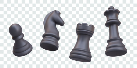 Realistic black chess pieces in floating position. Set of isolated vector elements