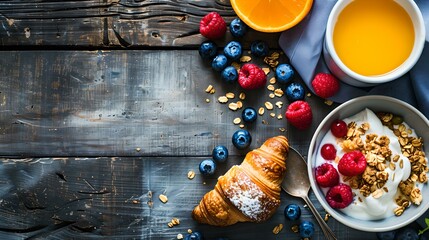 Poster - Inviting breakfast setup with fresh berries and pastries on a rustic table. ideal for a healthy lifestyle promo. cozy morning meal scene with a homely feel. AI