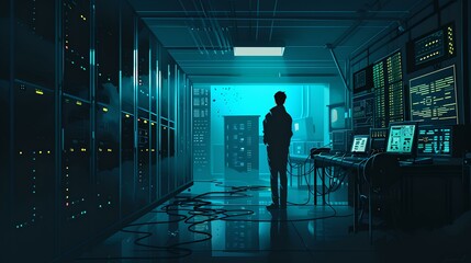 Silhouette of a person in a futuristic data center. cybersecurity and technology concept. mysterious atmosphere in a server room. moody lighting with blue tones. AI