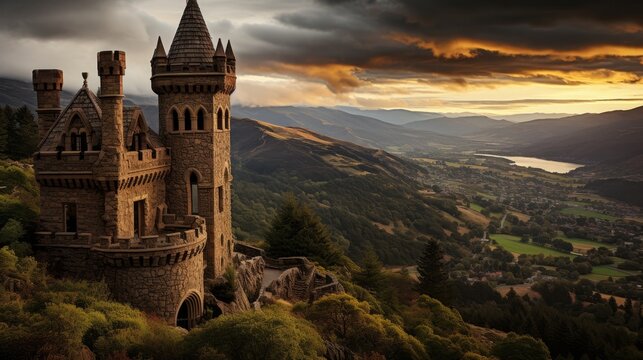 Fairy tale castle on lush hilltop with towers reaching to the sky and fluffy clouds in background