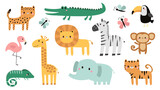 Fototapeta Pokój dzieciecy - Cute Safari African zoo animal set. Cartoon alligator, crocodile, giraffe, iguana, zebra, elephant, cheetah, flamingo bird, lion, monkey, tiger, toucan, butterfly. Flat design White background.
