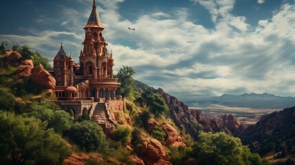 Wall Mural - Enchanting fairy tale castle on lush hilltop with towering turrets and cloudy sky