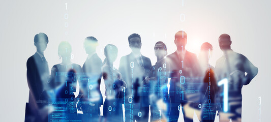 Mixed media of group of multinational people and digital technology concept. System engineering. Research and development. Wide angle visual for banners or advertisements.