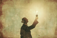 A Vintage Style Poster Featuring A Determined Individual Holding A Lightbulb Aloft Symbolizing The Spark Of Inspiration And The Courage It Takes To Pursue Entrepreneurial Dreams The Poster