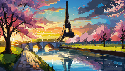 beautiful painting landscape with eiffel tower's and bridge