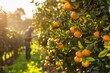 
Shot of farmer inspecting orange trees with ripe fruit in sunlight