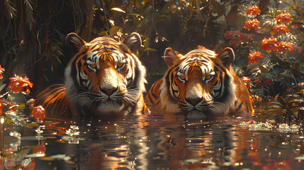 Wall Mural - tiger in river water natural background