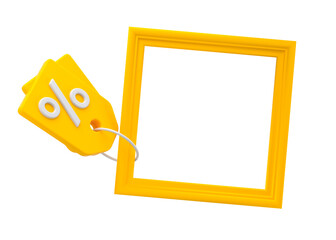 Wall Mural - Yellow frame with discount tag for sales isolated. Offer promotion mockup. 3d rendering