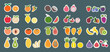 © tigadesign - Stickers with fruits and berries in flat cartoon design. Collection of isolated fruits and berries. Vector illustration of strawberry, cherry, blackberry, blueberry, grapes, papaya, fig, melon, etc.