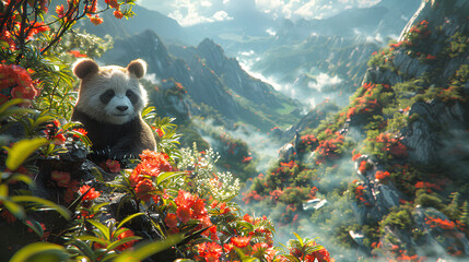 Wall Mural - fantasy panda and flowers on natural background
