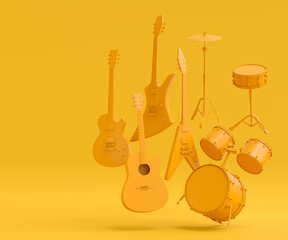 Wall Mural - Set of electric acoustic guitars and drums with cymbals on monochrome background