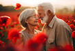 Elderly lovers in a field of flowers. Husband and wife aged outdoors. Senior citizens among poppies.