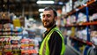 Smiling warehouse employee in high-visibility vest standing confidently amidst aisles of stocked shelves, representing efficient inventory management.