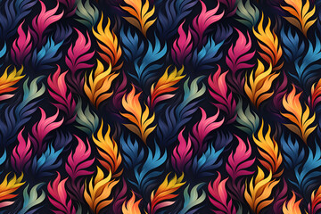 Wall Mural - seamless pattern with colorful leaves and branches of plants on black background. repeating ornament