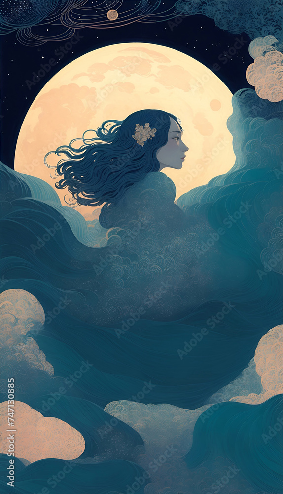 Digital painting of a woman with long flowing black hair and a flower ...
