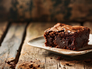 Wall Mural - A Freshly Baked Delicious Chocolate Cake Brownie Placed on a White Plate  on a Wooden Table with Large Empty Copy Space