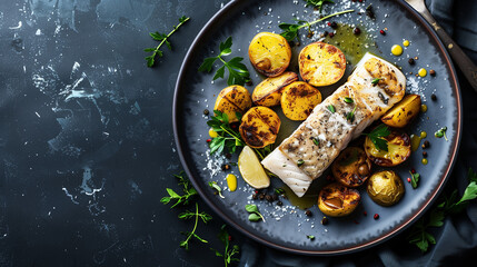 Lemon and rosemary cod loin with baked potatoes and vegetables. Baked white fish. Fried haddock and potato medallions on dark grey background. Foodie banner with copy space.