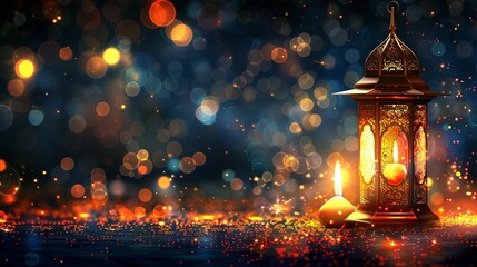 Wall Mural - Beautiful Arabic lantern with golden bokeh lights and a burning candle that glows at night. Festive greeting card and invitation for Ramadan Kareem, the Muslim holy month. dimly lit scene