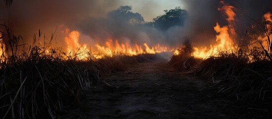 Canvas Print - A fire is burning fiercely in the center of a vast field, surrounded by dry grass and crops. Flames and smoke are visible, indicating an active burning process. The scene is intense and potentially