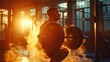 Determined fitness enthusiast squats with heavy barbell in sunlit gym atmosphere