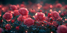A Pink Rose In A Garden With A Dark Background. Beautiful Red Roses With Water Drops On The Petals,
