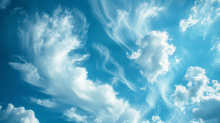 Wall Mural - closeup of thin clouds twisting and changing shape in the blue sky.