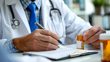 doctor writing prescription on paper in a hospital room