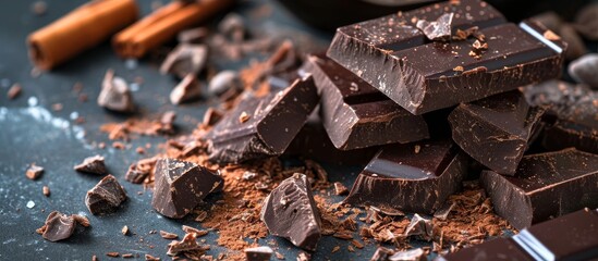 A collection of chocolate pieces and cinnamon sticks sit atop a wooden table, creating a sweet and fragrant display.