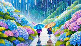 Fototapeta  - 梅雨,雨季,雨の紫陽花の道を傘をさす子供達のイラスト,rainy season,Generative AI AI画像
