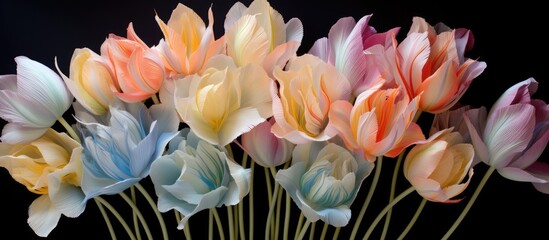 Wall Mural - Various fringed tulips in soft pastel colors are arranged in a vase, creating a vibrant and elegant display. The flowers showcase a range of hues, shapes, and textures, adding a burst of color to the