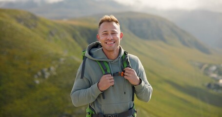 Wall Mural - happy man, face and backpack with mountain for hiking, adventure or outdoor journey in nature. portr
