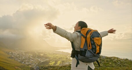 Wall Mural - woman, mountains and freedom, celebration or excited for hiking goals, travel achievement and advent