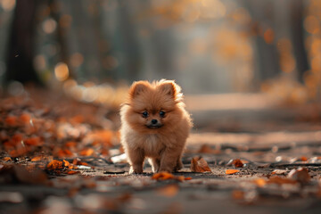 Wall Mural - Pomeranian puppy on an autumn street