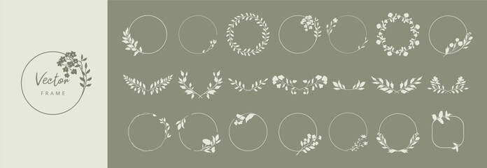 Wall Mural - Floral round frame in minimalist style. Hand drawn elegant botanical borders and wreaths with silhouettes of branches, leaves and flowers. Vector isolated set for wedding invitation, card, logo design