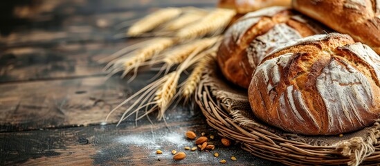 Wall Mural - A staple food dish, a loaf of bread, rests on a wooden table alongside wheat ears. The macro photography captures the textures of the wood and soil, enhancing the rustic cuisine vibe.