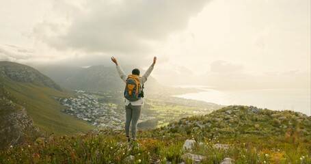 Wall Mural - woman, hiking on mountain top and freedom or success of travel goals, trekking adventure and nature.