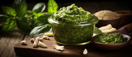 Sticker - An organic jar of pesto is placed next to fresh cloves of garlic on a rustic wooden surface. The vibrant green color of the pesto contrasts with the earthy tones of the garlic bulbs.