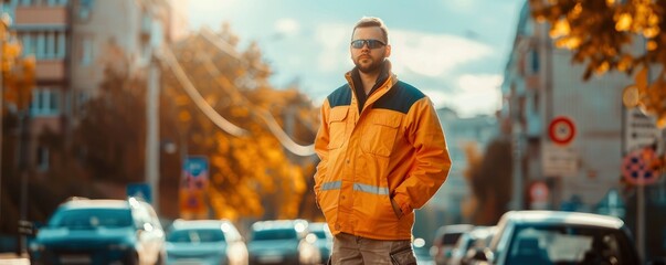 Half body photo of handsome male worker in professional clean brand new workwear working on the road, bright daylight