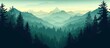 Landscape forest mountains nature adventure travel background panorama. Illustration of dark green silhouette of valley view of forest fir trees and mountains peak. Generative AI