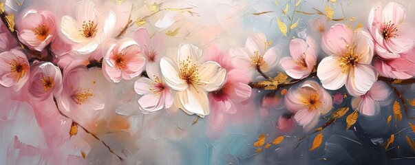 Abstract painted oil acrylic painting of white pink cherry flowers with gold details background wallpaper texture on canvas, Generative AI