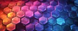 Fototapeta Przestrzenne - Abstract futuristic digital geometric technology hexagon background banner illustration. Colorful purple blue orange hexagonal 3d shape texture wall. Generative AI