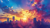 Fototapeta Na sufit - Colorful silhouette of a city skyline against the backdrop of a sunrise or sunset sky