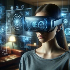 Canvas Print - Young Woman Experiencing Advanced Virtual Reality Interface