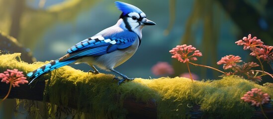 Poster - A blue and white Blue Jay bird is perched on a moss-covered branch, blending beautifully with its surroundings. The bird sits attentively on the branch, its vibrant colors standing out against the