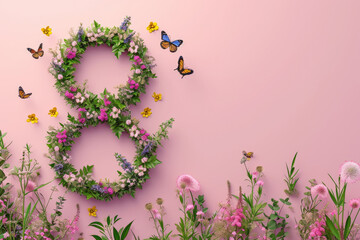 Wall Mural - creative number eight made out of colorful flowers and butterflies