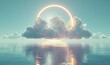 3d render, abstract geometric background, white cloud and glowing neon round frame. Illuminated cumulus. Minimal futuristic seascape with reflection in the, Generative AI
