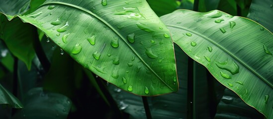 Sticker - A close-up view of a sizable green leaf covered in small water droplets, indicative of a recent morning rain shower. The leafs surface appears vibrant and glossy, with the droplets glistening in the