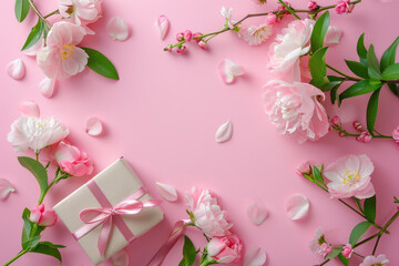 Wall Mural - pink background with flowers and gift, perfect for celebrations and special occasions