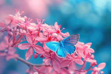 Wall Mural - beautiful blue butterfly perched on vibrant pink flower